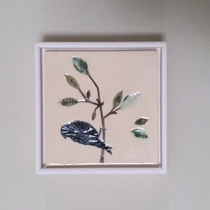 Pentimento Framed Ceramic Wall Tile Handmade Bird On Silver Twig Artwork